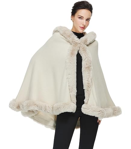 Dahlia Women's Winter Cape Coat, Luxurious Faux Fur Trim, Fleece